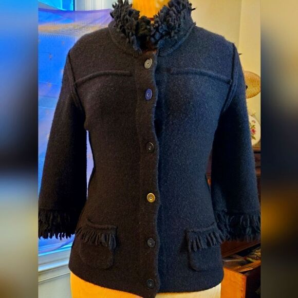 𝅺MARCCAIN Felted Wool Fringe Jacket Black Felted Jacket Size N 2 - Picture 1 of 13